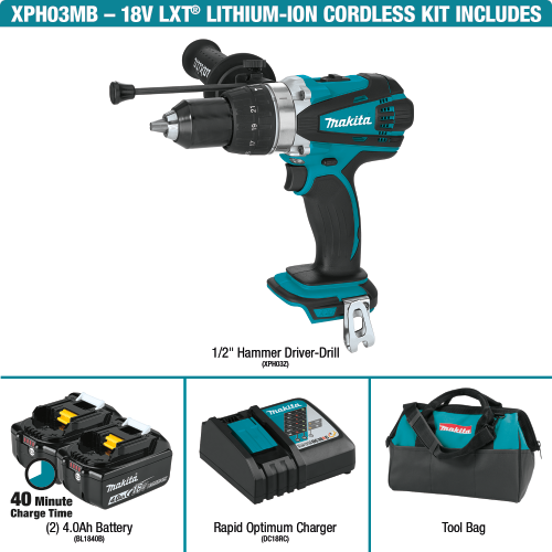 Makita XPH03MB 18 V LXT Lithium‑Ion Cordless 1/2 in. Hammer Driver‑Drill Kit (4.0Ah)