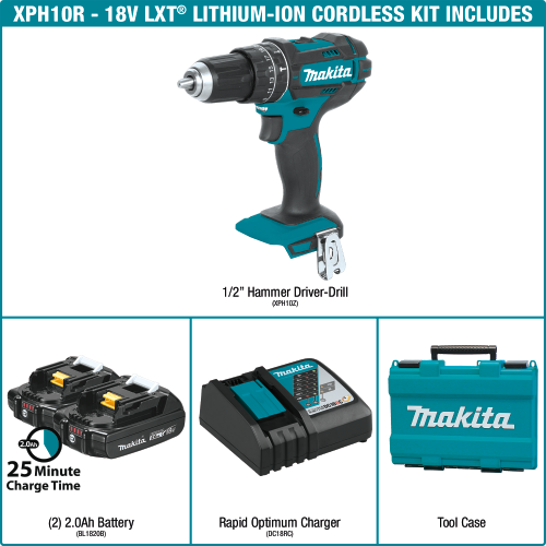 Makita XPH10R 18 V LXT Lithium‑Ion Compact Cordless 1/2 in. Hammer Driver‑Drill Kit (2.0Ah)