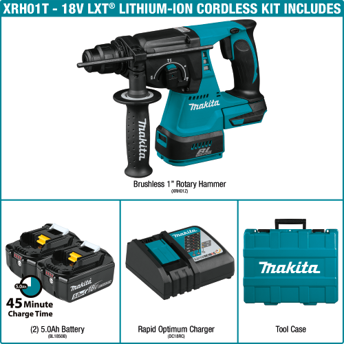Makita XRH01T 18 V LXT Lithium‑Ion Brushless Cordless 1 in. 
SDS‑PLUS Rotary Hammer Kit (5.0Ah)
