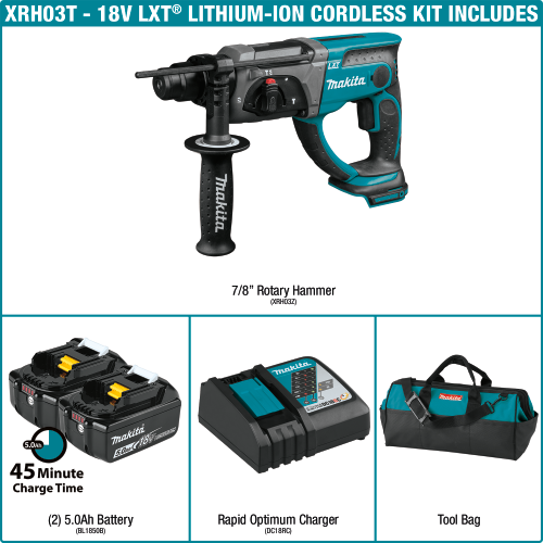 Makita XRH03T 18 V LXT Lithium‑Ion Cordless 7/8 in. SDS‑PLUS Rotary Hammer Kit (5.0Ah)