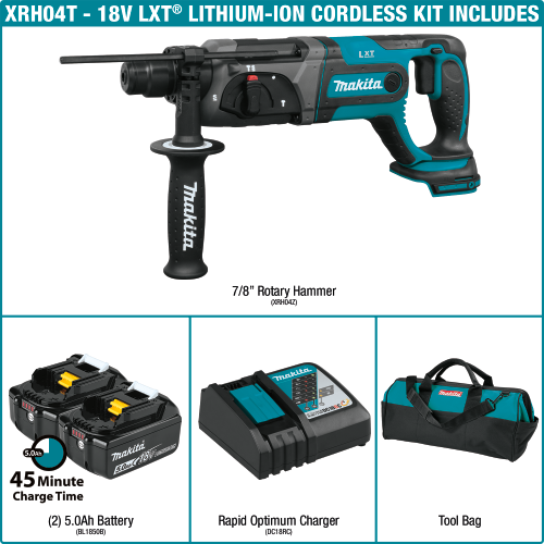 Makita XRH04T 18 V LXT Lithium‑Ion Cordless 7/8 in. SDS‑PLUS Rotary Hammer Kit, (5.0Ah)