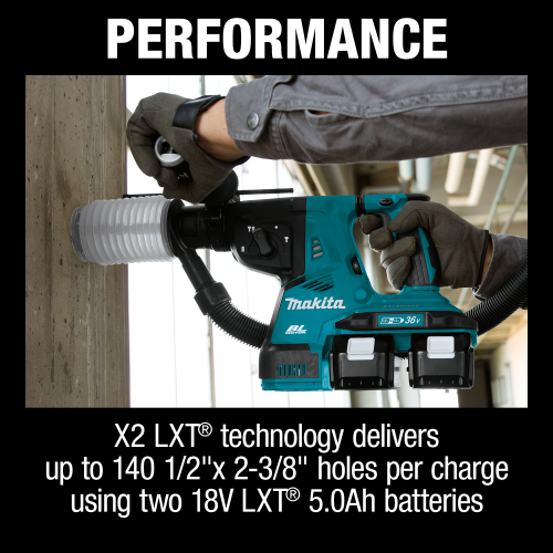 Makita XRH08PTW 36 V (18 V X2) LXT Brushless 1‑1/8 in. SDS‑PLUS AVT Rotary Hammer Kit, w/ HEPA Dust Extractor (5.0Ah)
