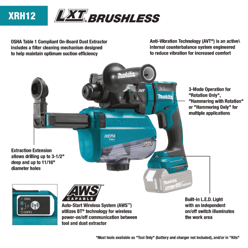 Makita XRH12TW 18 V LXT Lithium‑Ion Brushless Cordless 11/16 in. SDS‑PLUS AVT Rotary Hammer Kit, w/ HEPA Dust Extractor, AWS Capable (5.0Ah)