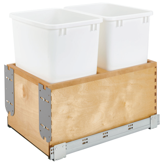 Double 35 QT Bottom-Mount Waste Container Pullout with Soft-Closing and Wood Carriage, White