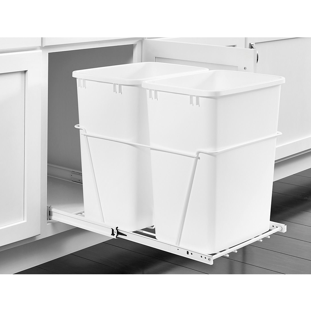 Double Bin 35 QT Bottom-Mount Waste Container Pullout with Full-Extension for 14-1/2" Cabinet Opening, White