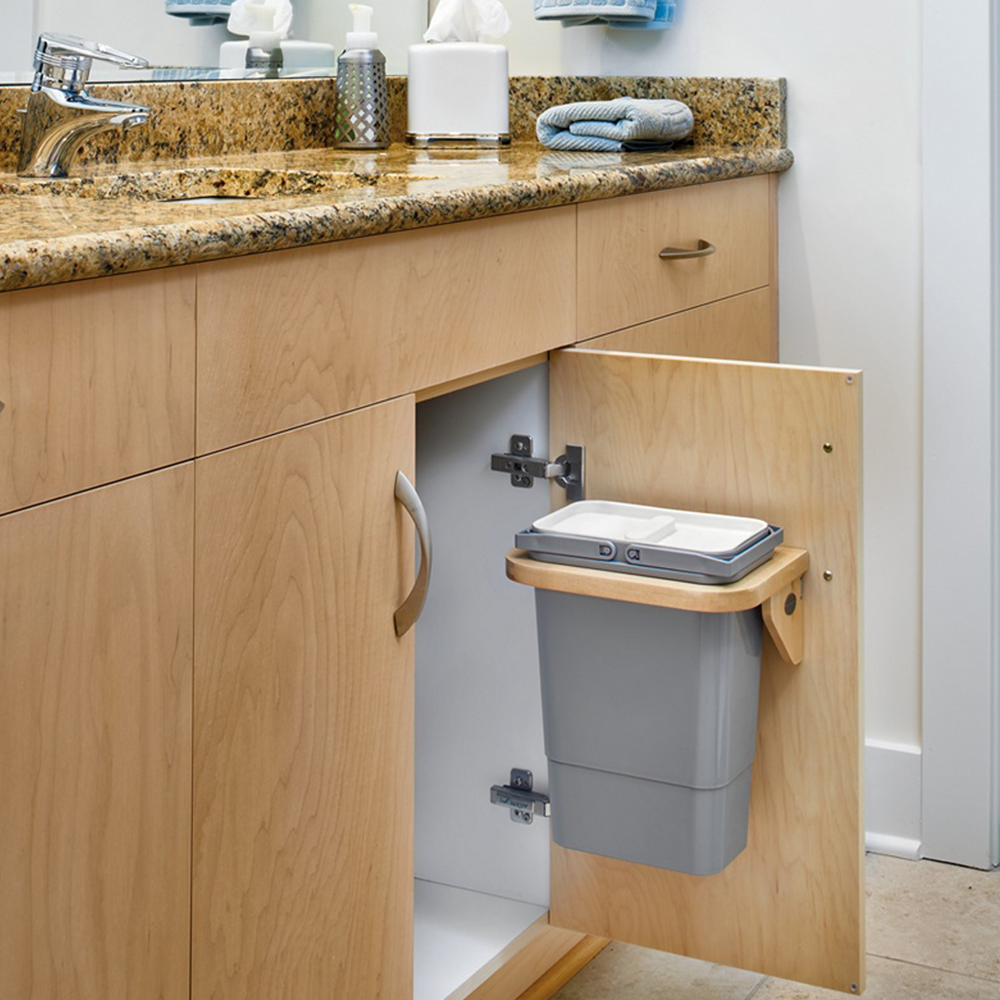 8 QT Single Vanity Door-Mount Waste Container for 12" Cabinet Opening, Metallic Silver