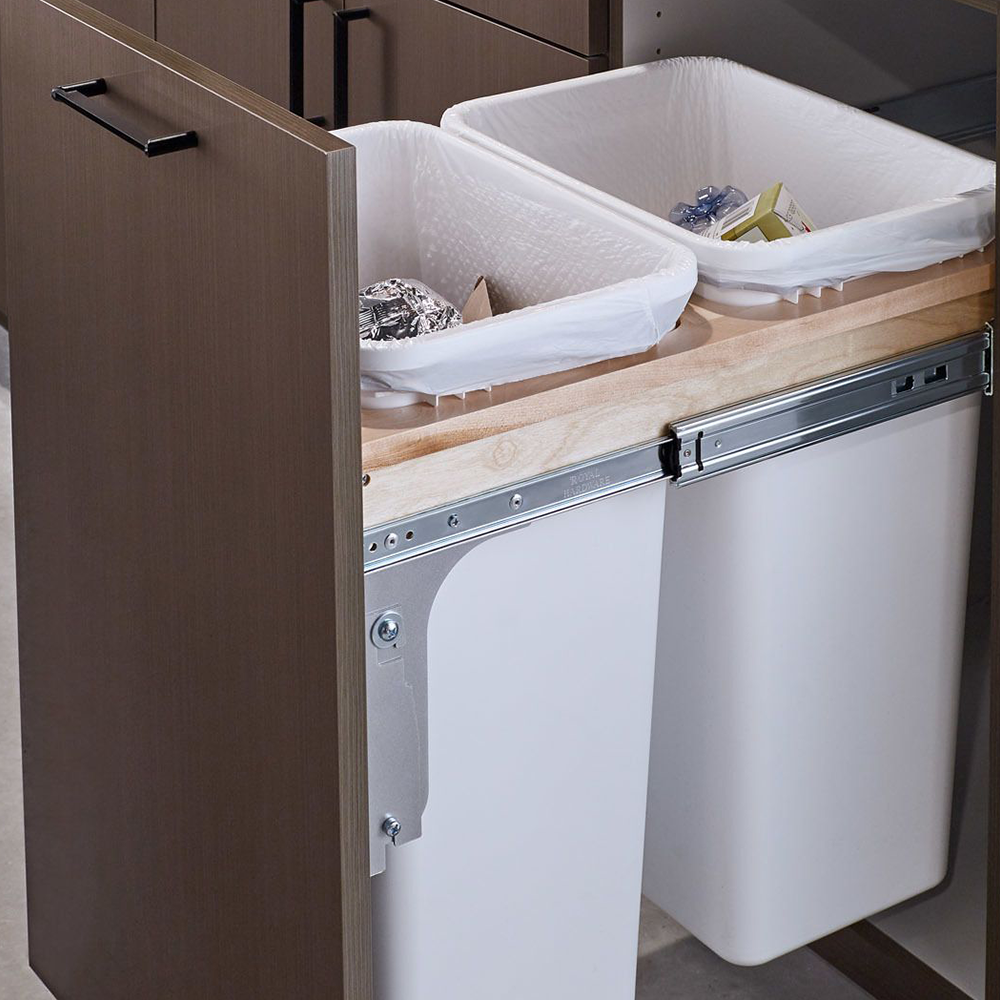 Single 35 QT Top-Mount Silver Waste Container Pullout with Ball Bearing Soft-Closing Slide, Metallic Silver