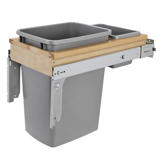 Single 35 QT Top-Mount Silver Waste Container Pullout with Ball Bearing Soft-Closing Slide, Metallic Silver