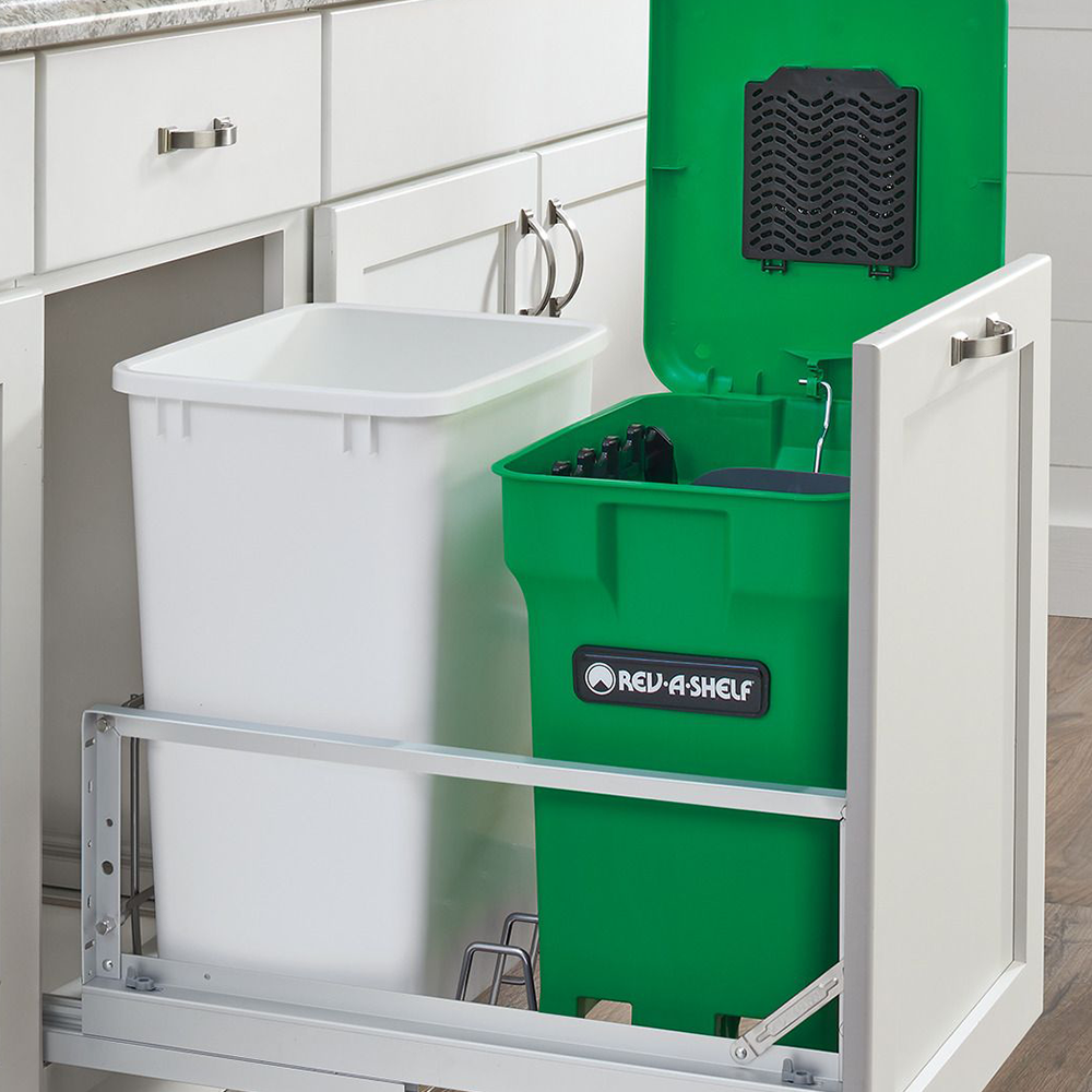 Double 35 QT Bottom-Mount Waste Container Pullout with Soft-Closing, Green
