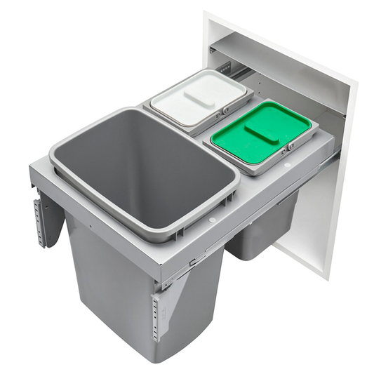 Triple Bin 35 Qt Single and 8Qt Top-Mount Waste Container Pullout with Soft-Closing Slides, Metallic Silver