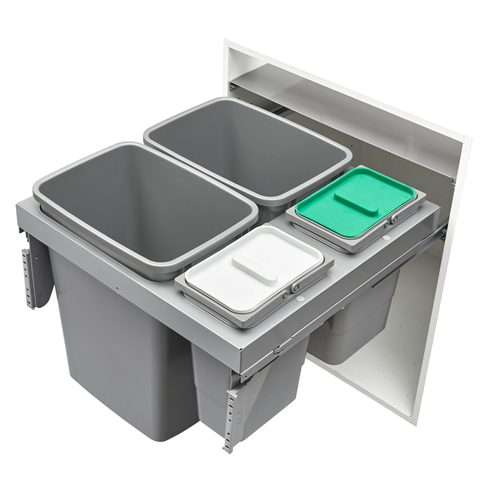 Four Bin 35 Qt Double and 8 Qt Top-Mount Waste Container Pullout with Soft-Closing Slides, Metallic Silver