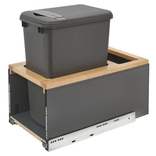 Single Bin 35 QT Bottom-Mount LEGRABOX Waste Container Pullout with BLUMOTION Soft-Closing Slides, Orion Gray/Natural Maple