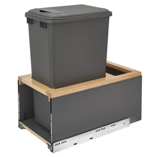 Single 50 QT Bottom-Mount LEGRABOX Waste Container Pullout with BLUMOTION Soft-Closing Slides, Orion Gray/Natural Maple
