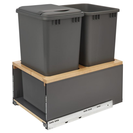Double 50 QT Bottom-Mount LEGRABOX Pull Out Waste Container with BLUMOTION Soft-Closing, Orion Gray/Natural Maple