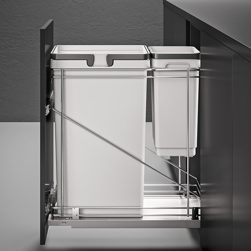 Double 50 QT/11 QT Bottom-Mount Waste Container Pullout with Adjustable Bracket, Gray