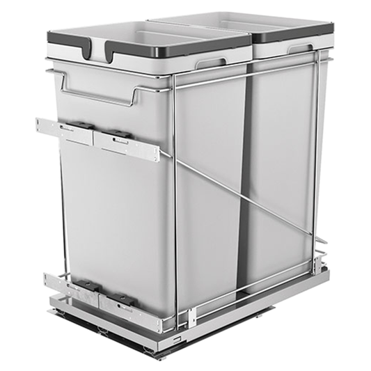 Double 50 QT Bottom-Mount Waste Container Pullout with Adjustable Bracket, Gray