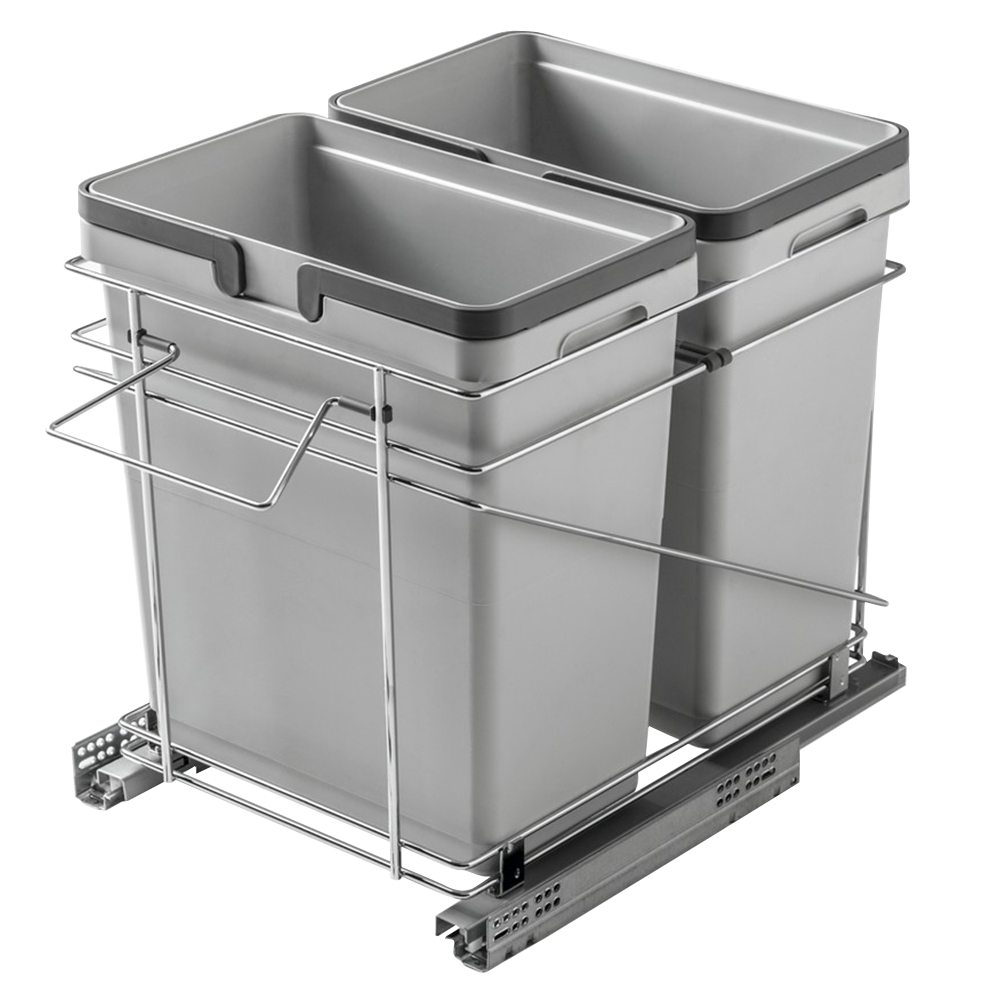 Double 32 QT Bottom-Mount Waste Container Pullout with Adjustable Bracket, Silver