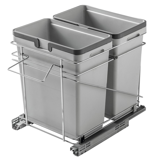 Double 32 QT Bottom-Mount Waste Container Pullout with Adjustable Bracket, Silver