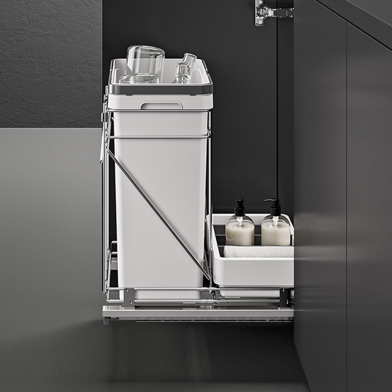 Single 32 QT Bottom-Mount Waste Container Pullout with Rear Bracket for 15" Cabinet Opening, Gray