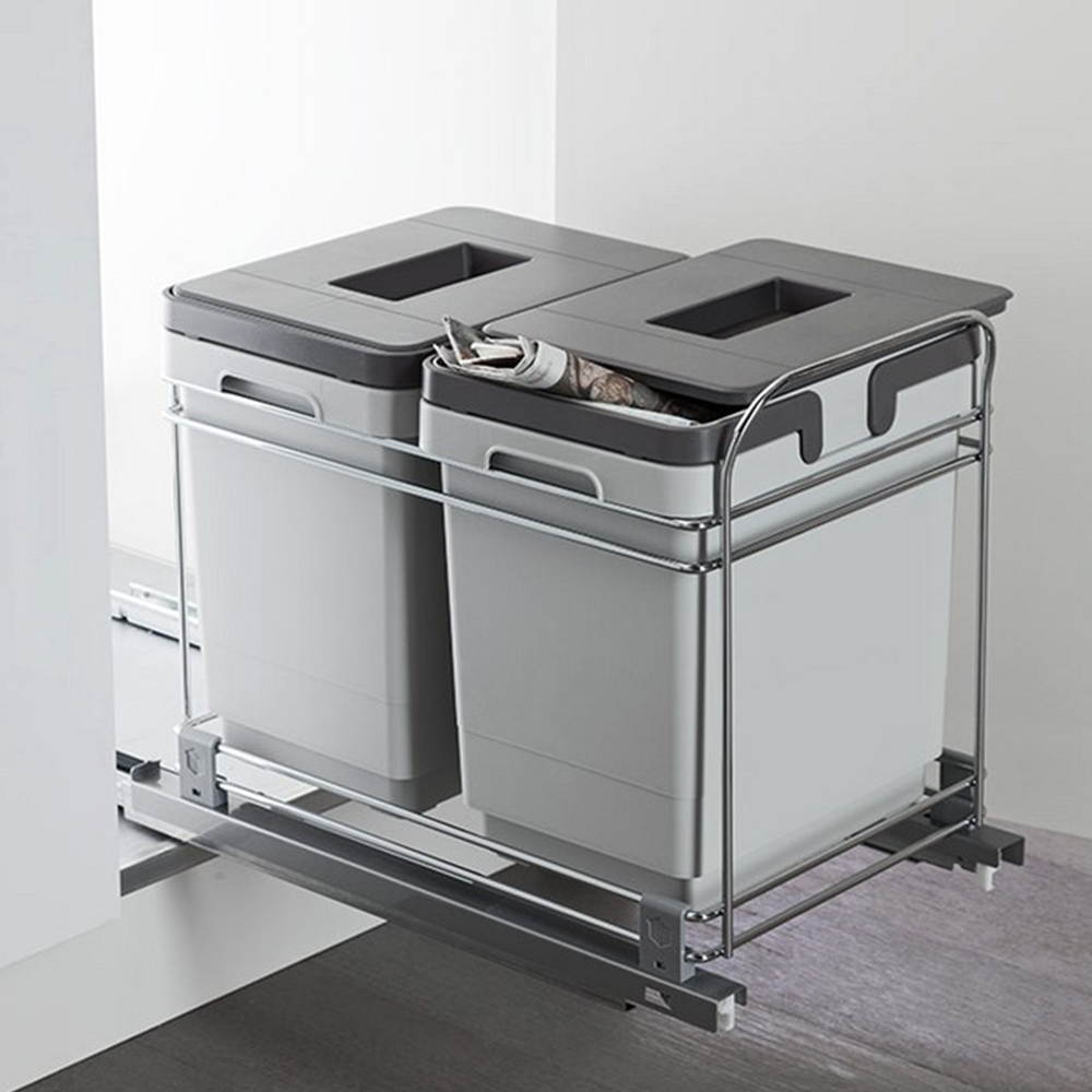 Double 16 QT Bottom-Mount Waste Container Pullout with Lid/Handle for 12" Cabinet Opening, Gray