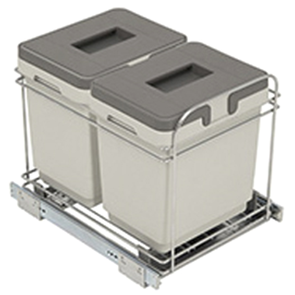 Double 16 QT Bottom-Mount Waste Container Pullout with Lid/Handle for 12" Cabinet Opening, Gray