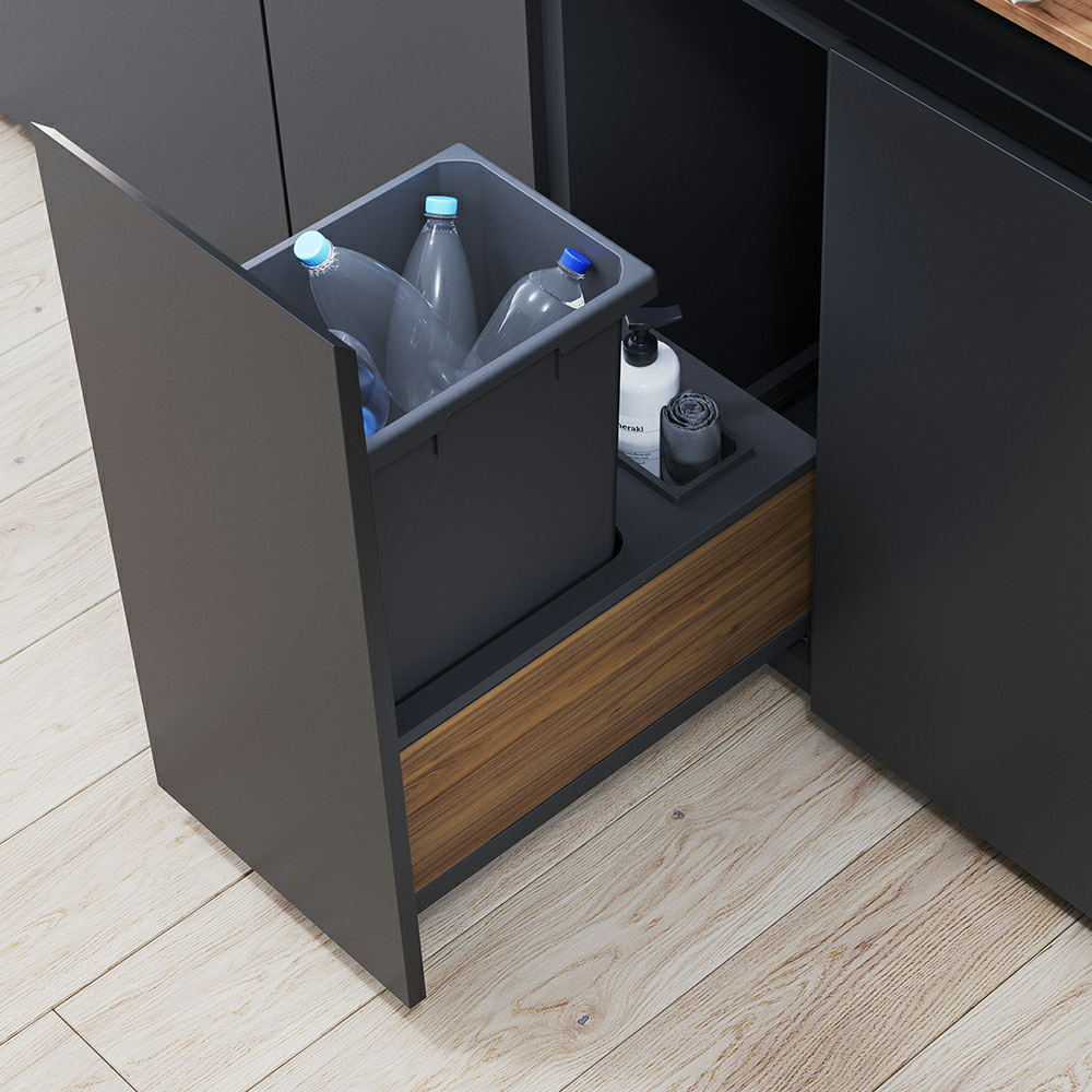 Single 50 Qt Bottom Mount Planero Waste Container Pullout with Soft-Closing and Maple Side Panel, Gray