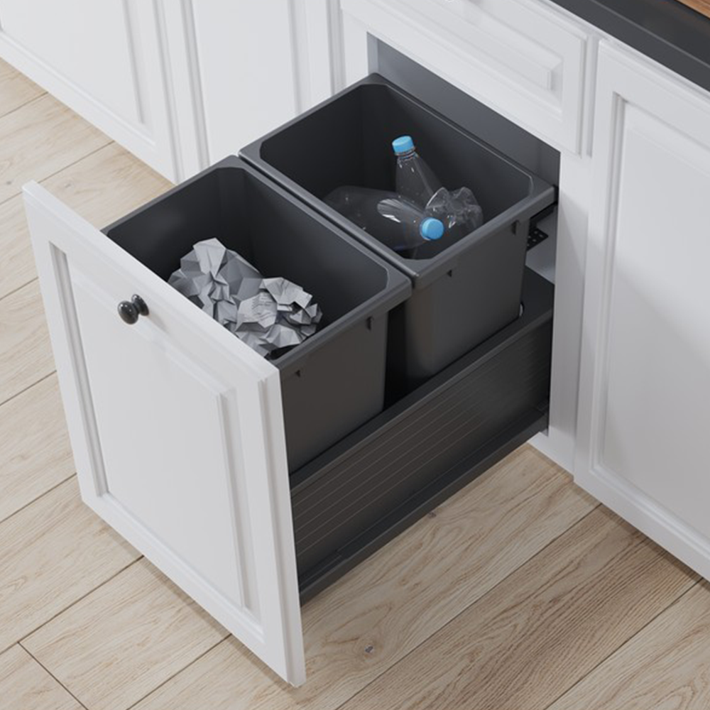 Double 35 QT Bottom-Mount Planero Waste Container Pullout with Soft-Closing, Gray