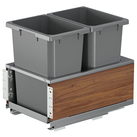 Double 35 QT Bottom-Mount Planero Waste Container Pullout with Soft-Closing and Walnut Side Panel, Gray