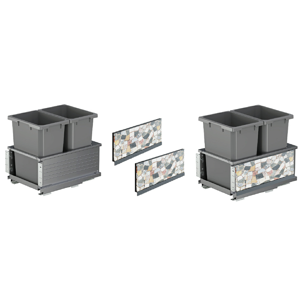 Double 50 QT Bottom-Mount Planero Waste Container Pullout with Soft-Closing and Walnut Side Panel, Gray