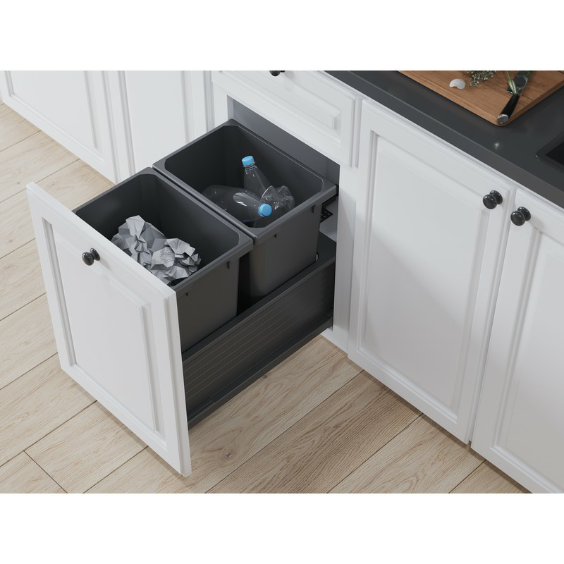 Double 50 QT Bottom-Mount Planero Waste Container Pullout with Soft-Closing and Walnut Side Panel, Gray