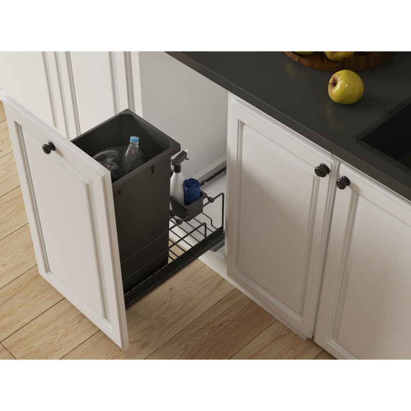 Single 50 Qt Bottom Mount Saphir Waste Container Pullout with Soft-Closing, Gray