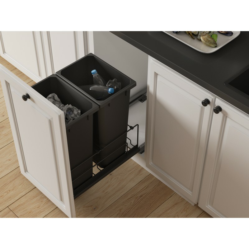 Double 50 QT Bottom-Mount Saphir Waste Container Pullout with Soft-Closing, Gray